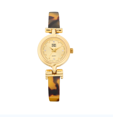 Zanzibar Terrapin Watch with a gold round face and a tortoiseshell pattern bangle strap.