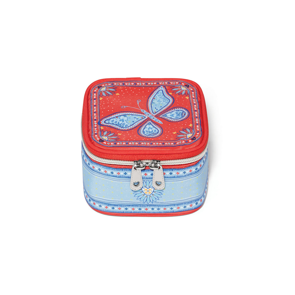 Multi-colored polyester jewelry case with suede-like finish, silver zipper closure, and six zippered inserts.