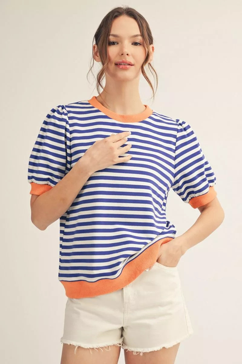 Avery Short Puff Sleeves Stripe Top