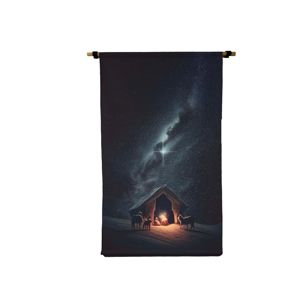 Small vertical canvas scroll featuring a starry nativity scene with natural raw fabric texture.
