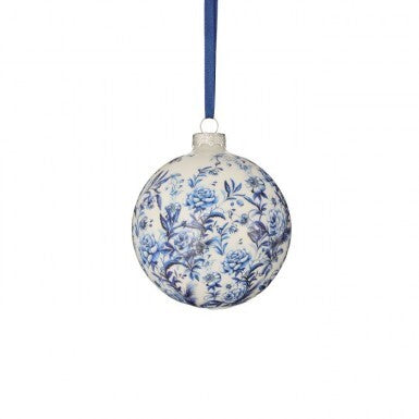 Floral Print Ball Ornament featuring blue roses on a white glass base with a blue hanging ribbon.