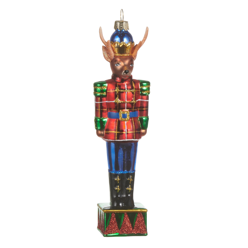 6.5-inch glass deer nutcracker ornament wearing a red plaid jacket and blue pants.