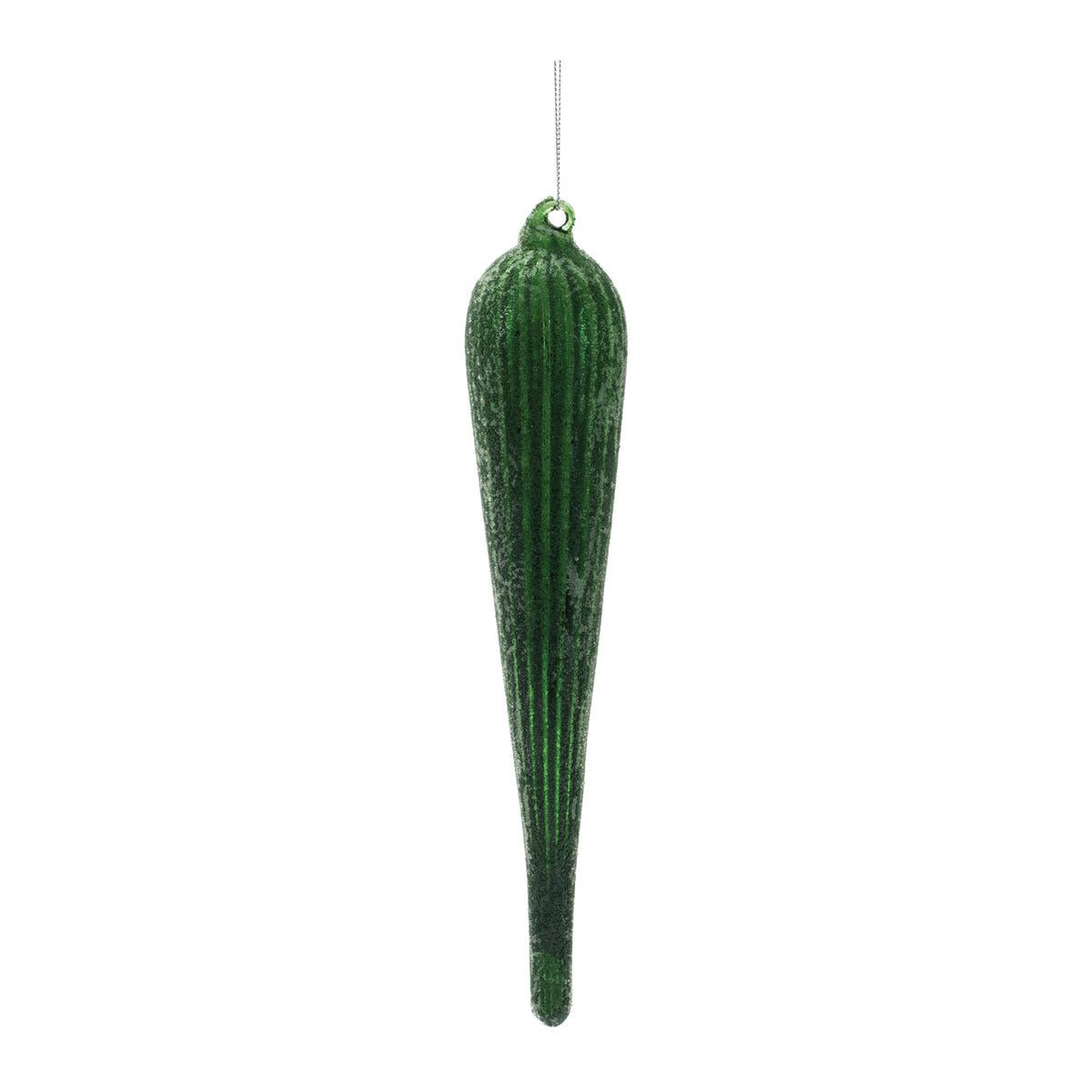 Green ribbed glass drop ornament with a glittery finish and silver hanging string.