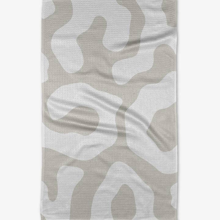 Recycled polyester waffle weave kitchen tea towel with single-sided print.