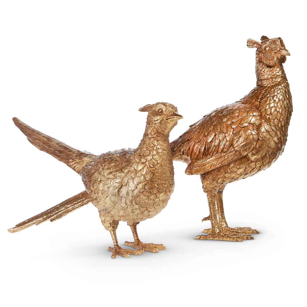 Two decorative gold resin pheasant figurines with detailed feather textures in different sizes.