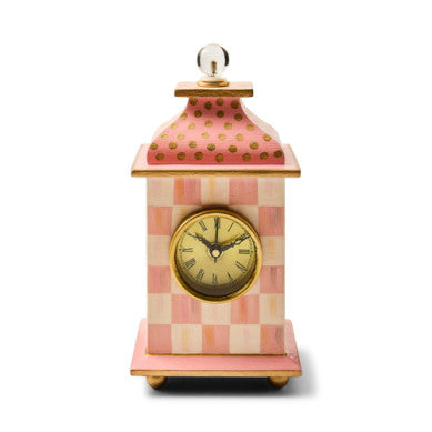 Hand-painted mango wood desk clock with a rosy check pattern on the face and an acrylic knob.