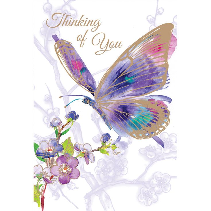 Occasion card featuring a glitter butterfly foil embellishment on white paper with blank inside text.