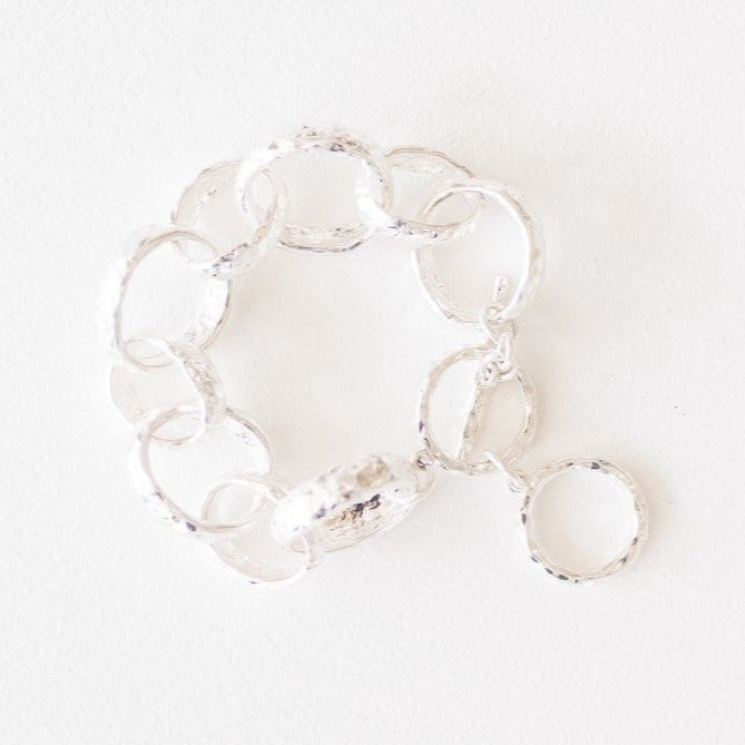 Hammered silver chunky link bracelet with a chain extender