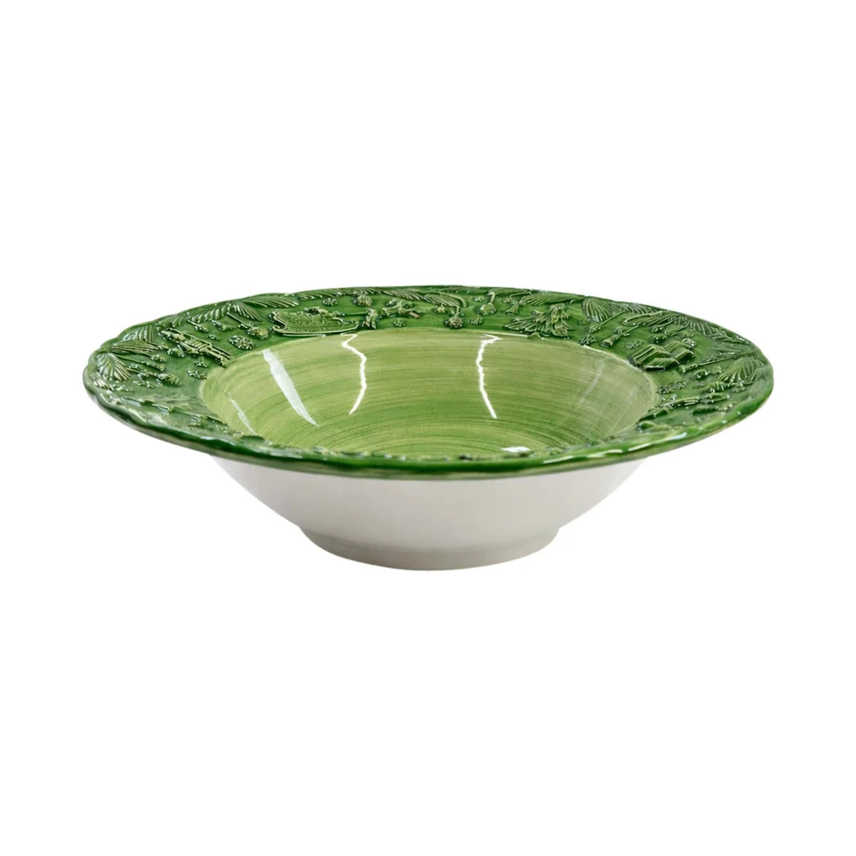 Fiabe di Natale green serving bowl with hand-sculpted holiday scenes on the rim.