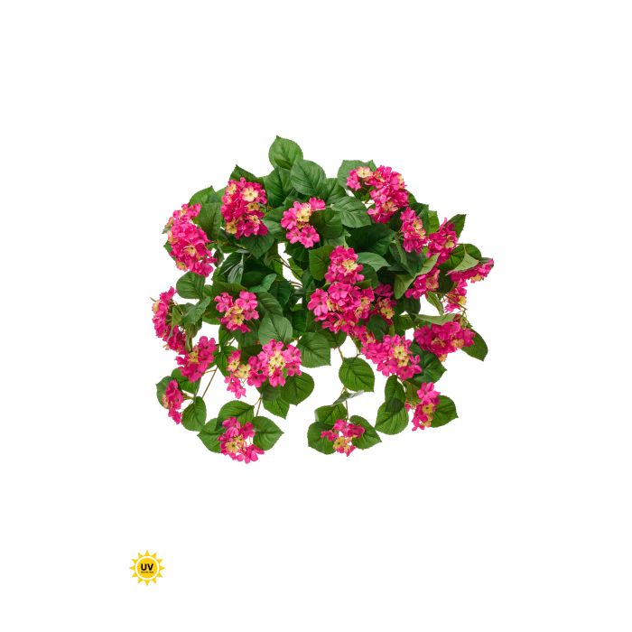 Hanging artificial hydrangea plant with purple blooms in a black metal frame