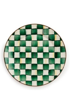 Emerald Check Charger Plate with a hand-painted green and white checkered pattern.