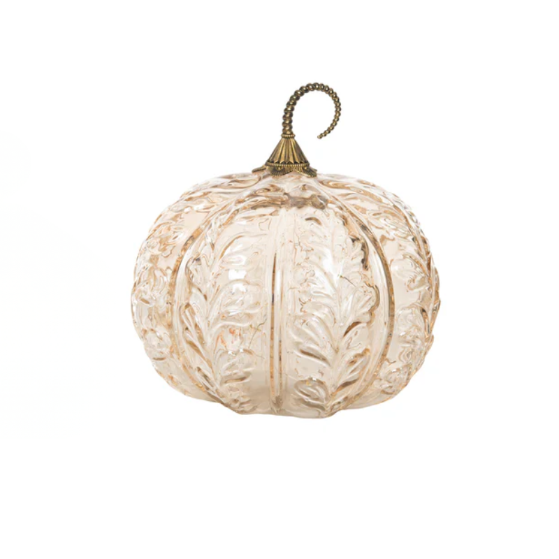 Glass light-up pumpkin with embossed petal detail and a curved metal stem.