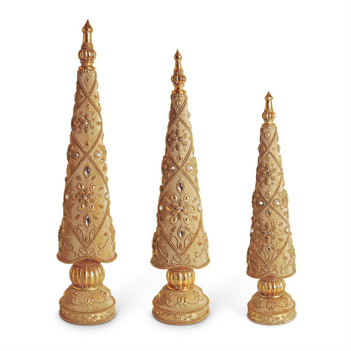 Set of three antique gold resin jeweled Christmas trees in graduated sizes with intricate details.