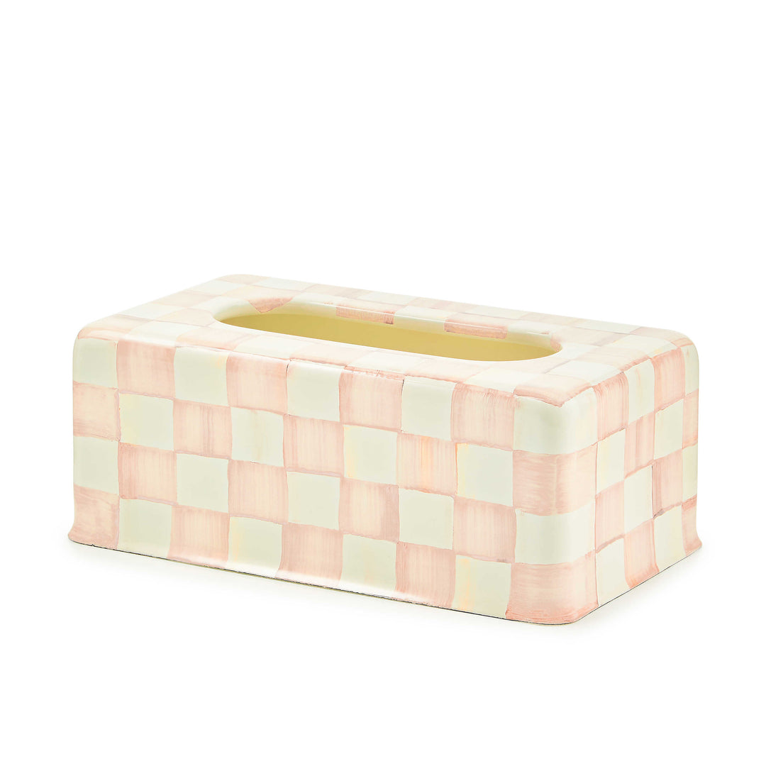 Hand-painted pink and cream checkered tissue box cover made of heavy-gauge steel.