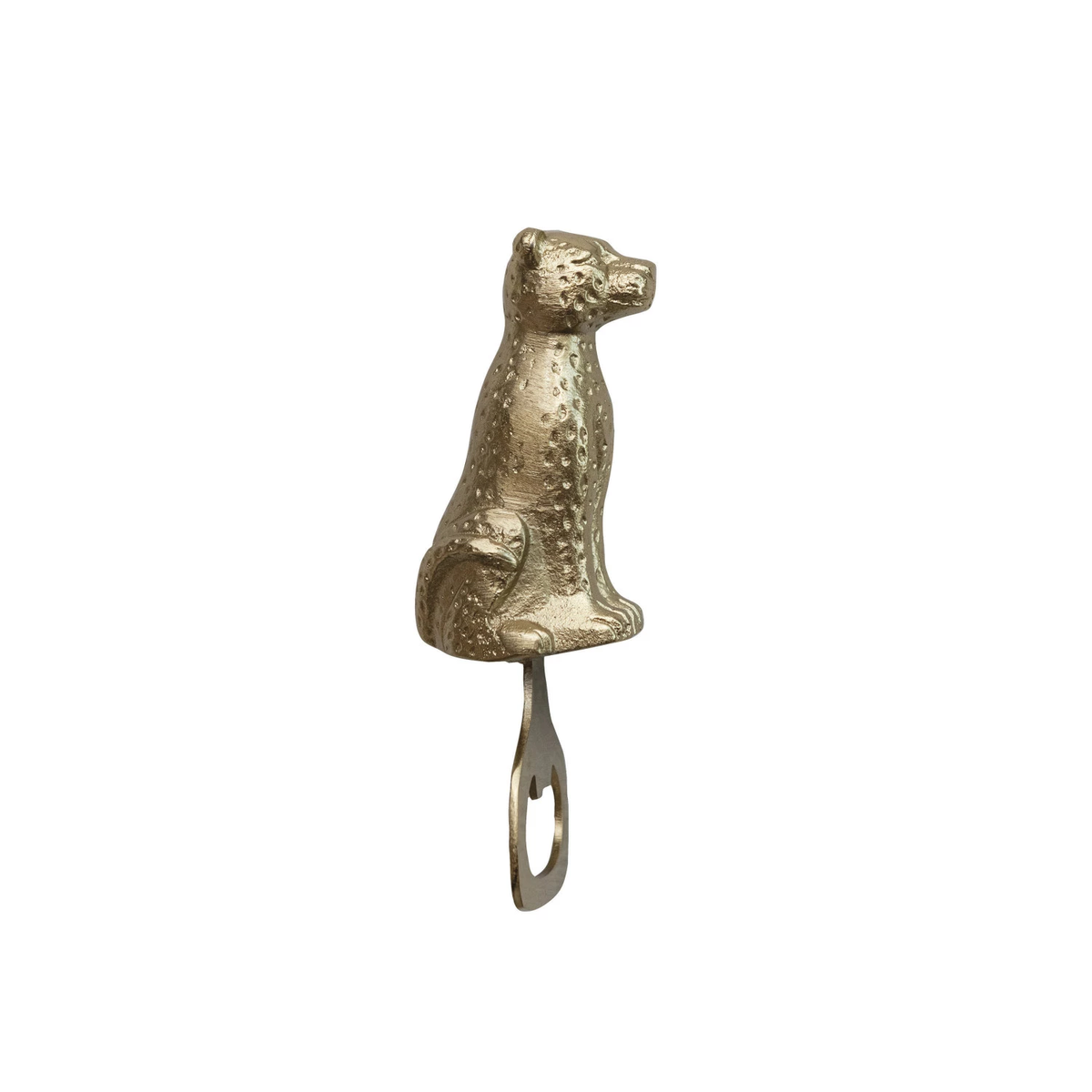 Leopard-shaped bottle opener made of stainless steel and cast aluminum with a natural metal finish.