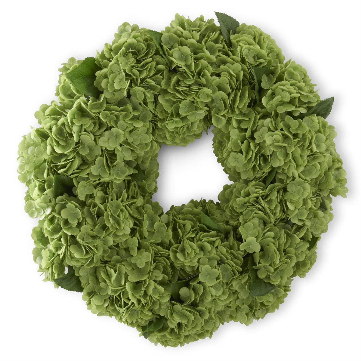 30-inch round plastic hydrangea wreath with wire frame in natural green tones