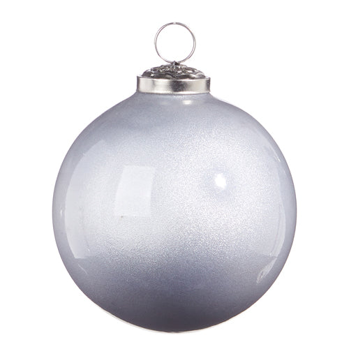 Four-inch silver glass ball ornament with a sleek shimmery surface