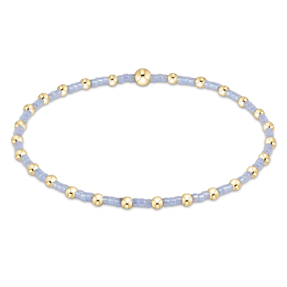 Hope Sincerity Bracelet featuring light blue seed beads and 14kt gold-filled beads on elastic.