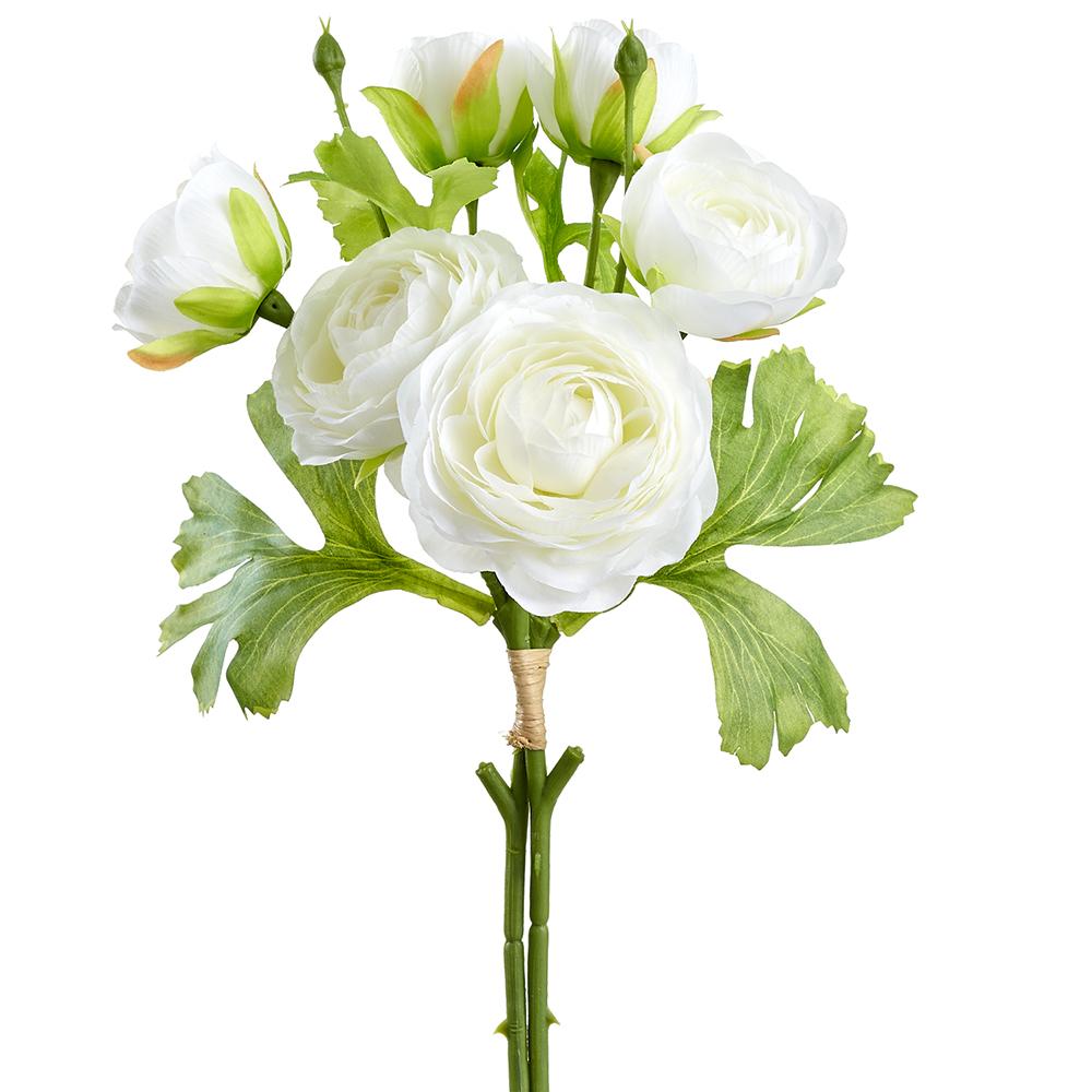 A bundle of 13-inch white ranunculus flowers with green leaves, tied with twine.