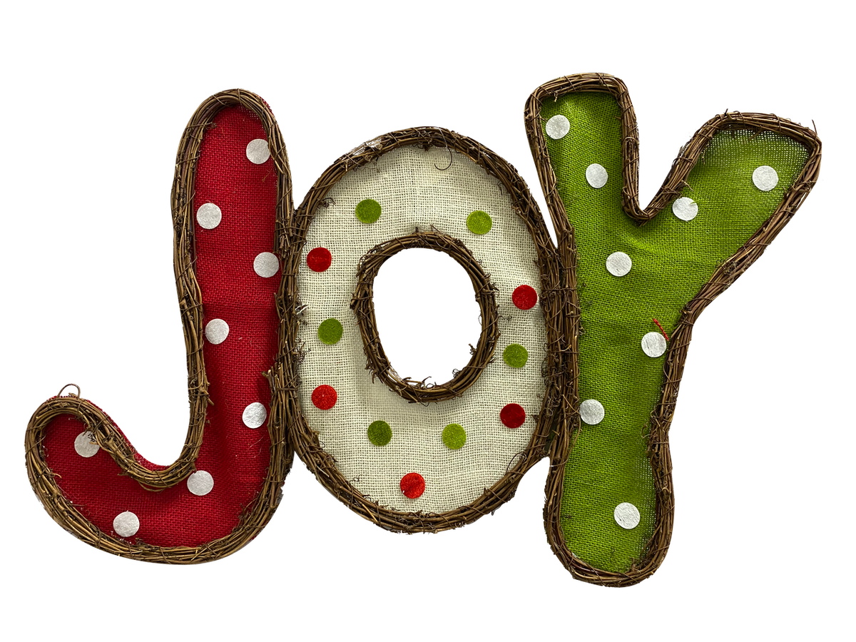 18x28 inch Joy twig form wall decor with red, white, and green polka dot fabric inserts.
