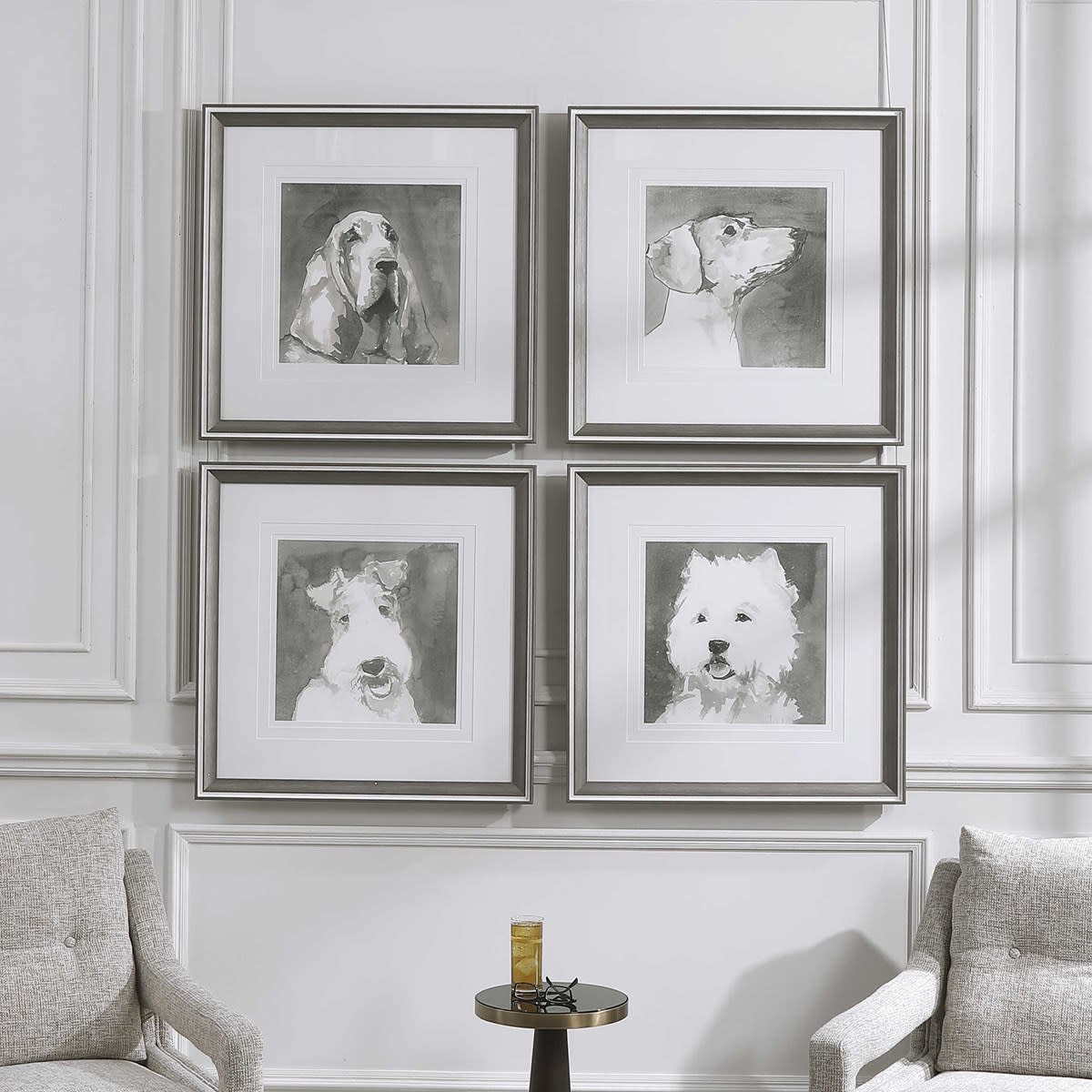Four framed watercolor portraits of dogs: Basset Hound, Dachshund, Wire Fox Terrier, and West Highland Terrier.