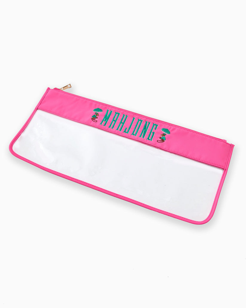 Pink and clear zippered mahjong bag with teal monkey embroidery and the word MAHJONG.