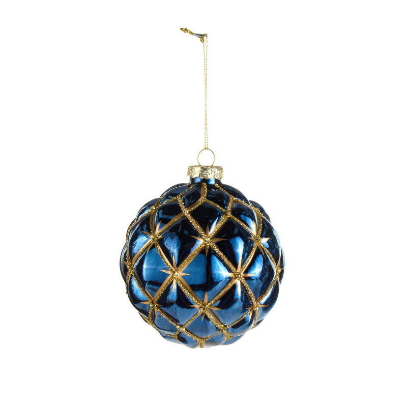 4-inch blue glass harlequin ornament with gold glitter diamond pattern and star accents.