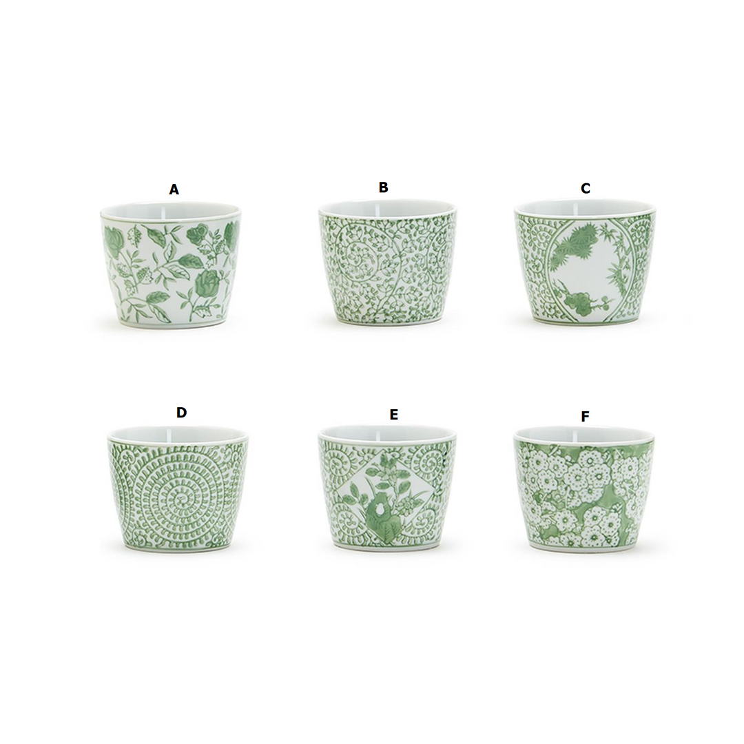 Six porcelain Countryside Green Cachepots with various green floral and geometric patterns.