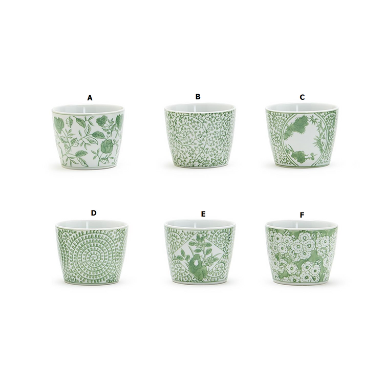 Six porcelain Countryside Green Cachepots with various green floral and geometric patterns.