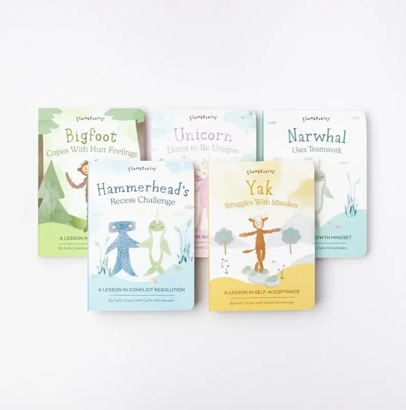Five colorful children's books in a set titled Slumberkins featuring animal illustrations on covers.