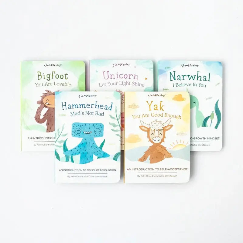 Five colorful children's books in a set featuring animal themes like yak, unicorn, and narwhal.