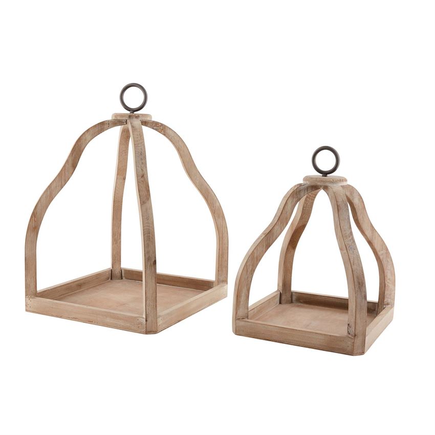 Wood lantern with a natural finish featuring an open geometric lattice frame.