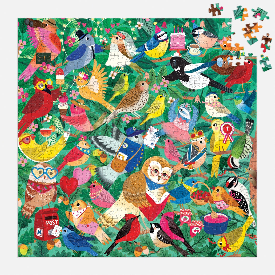 Birding Around family puzzle featuring colorful bird silhouettes on a natural background.
