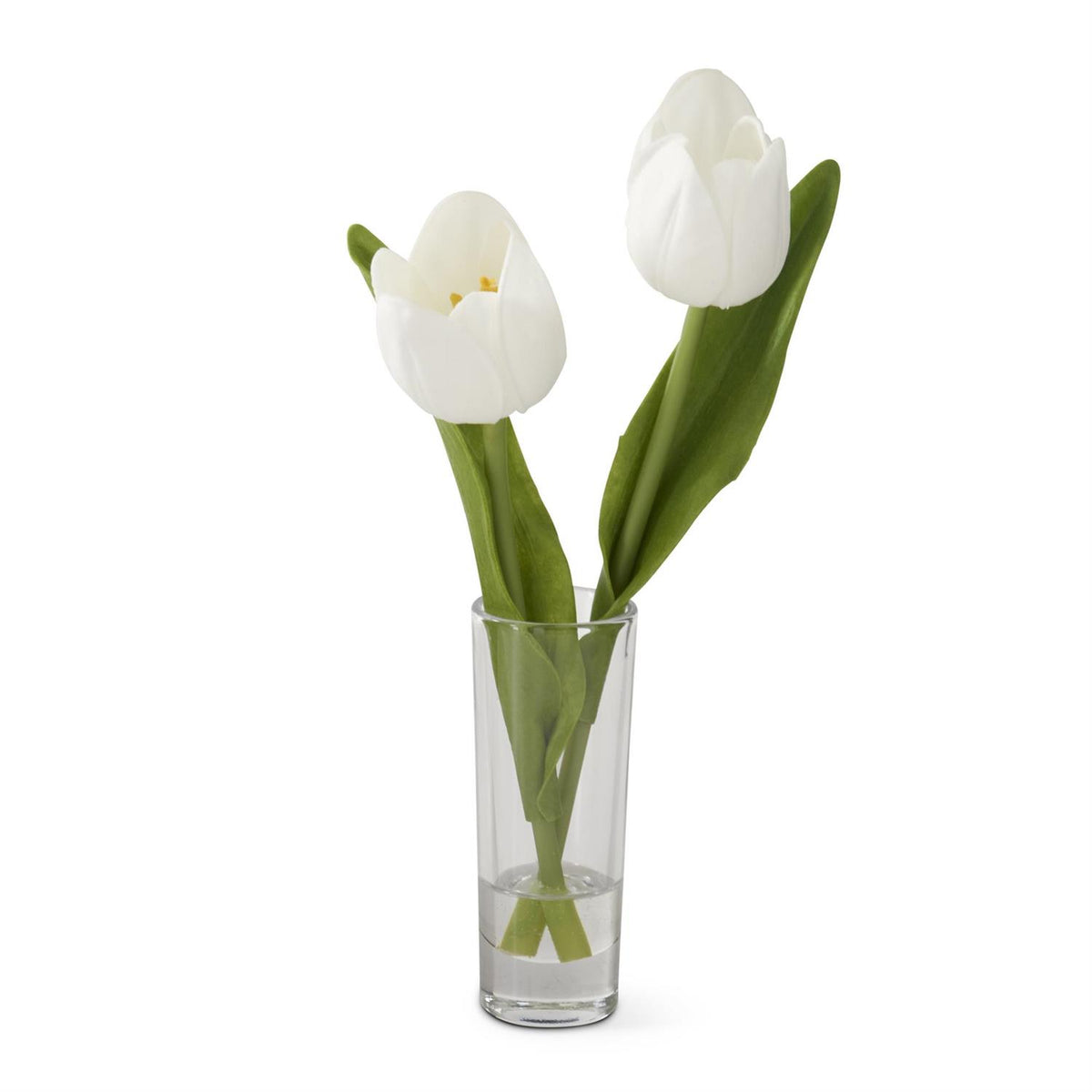 8.5-inch glass vase holding double tulip arrangement with faux flowers in realistic colors.