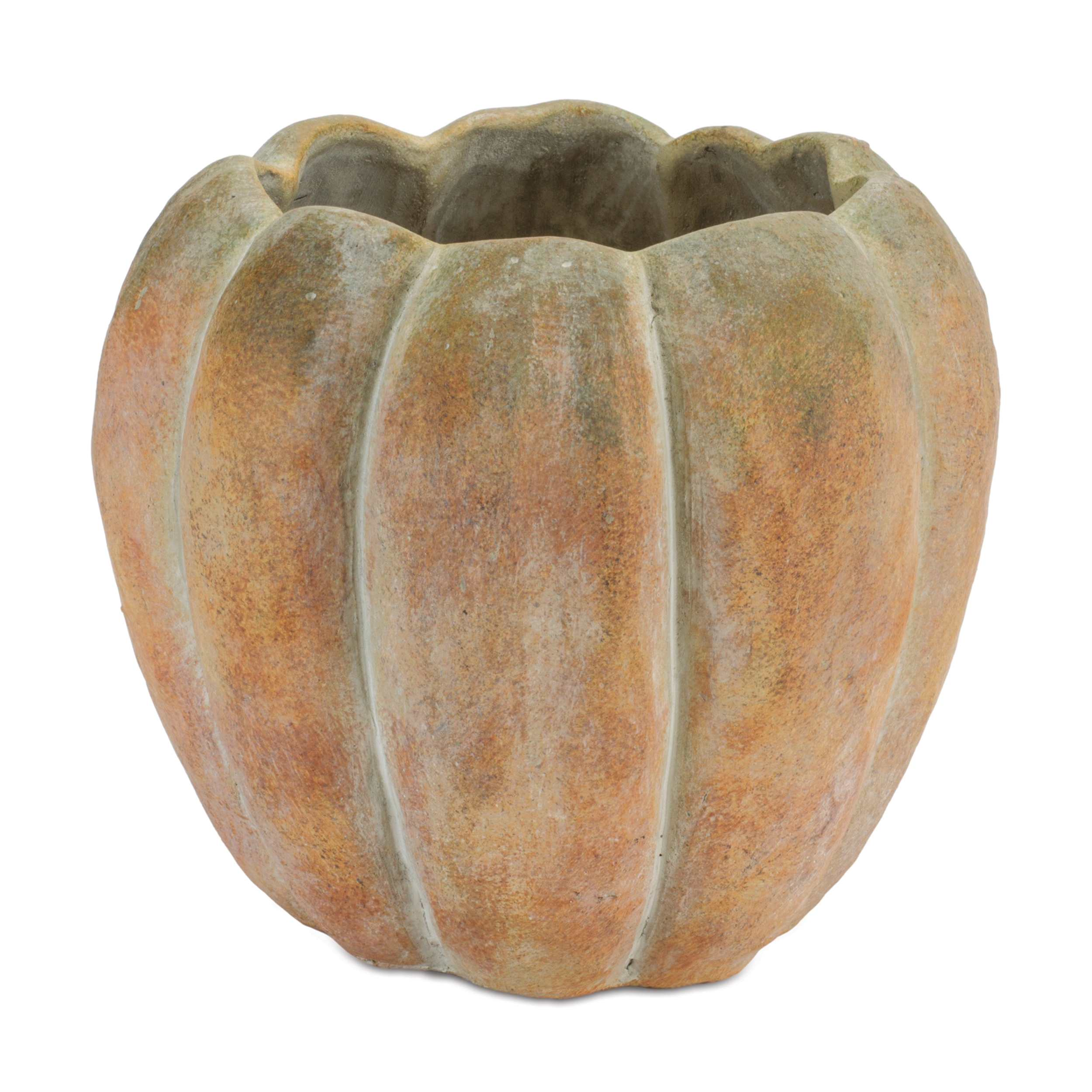 Large cement pumpkin container with a weathered orange finish and scalloped rim.