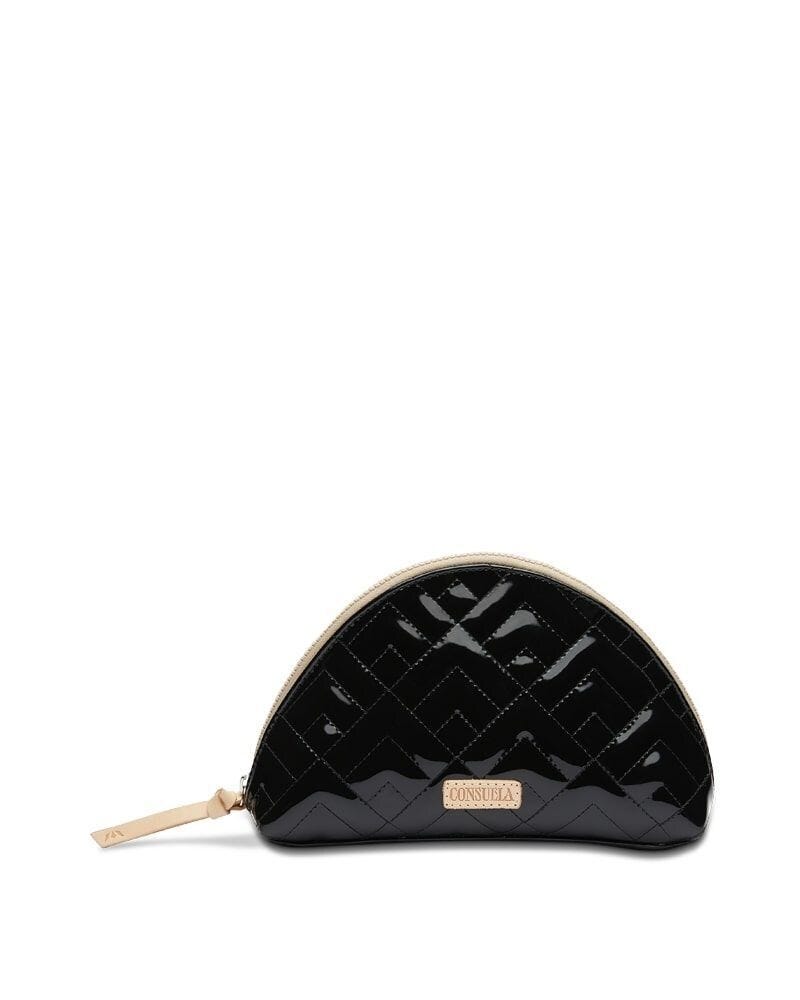 Black patent Consuela quilted cosmetic bag with natural leather zipper pull