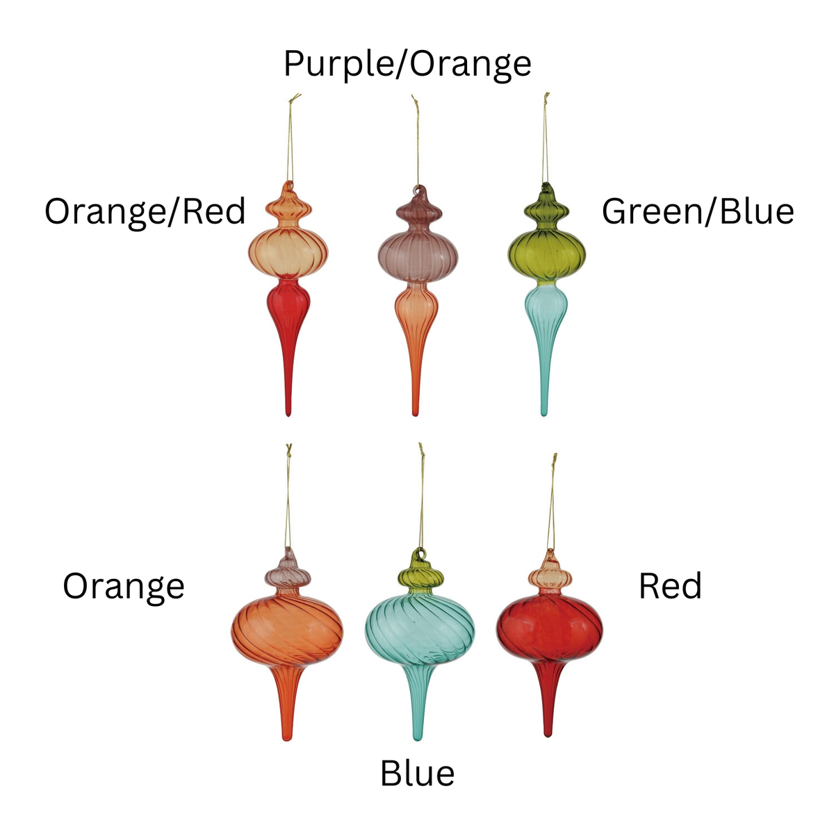 Six assorted two-tone glass finial ornaments in various colors with ribbed textures.