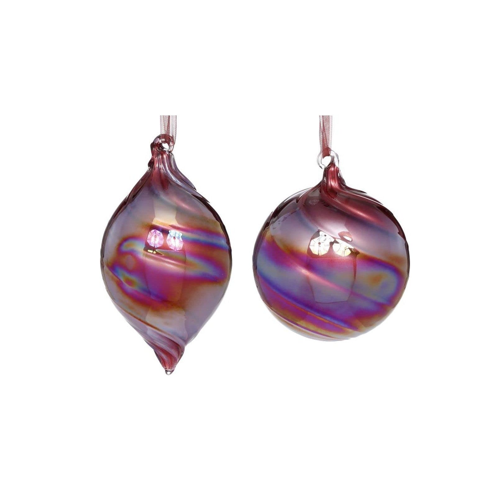 Two 4-inch glass ornaments with iridescent purple and gold swirls, in teardrop and round shapes.