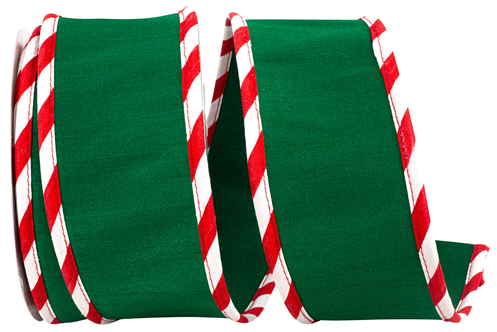 Green Dupioni wired edge ribbon with ticking stripe pattern