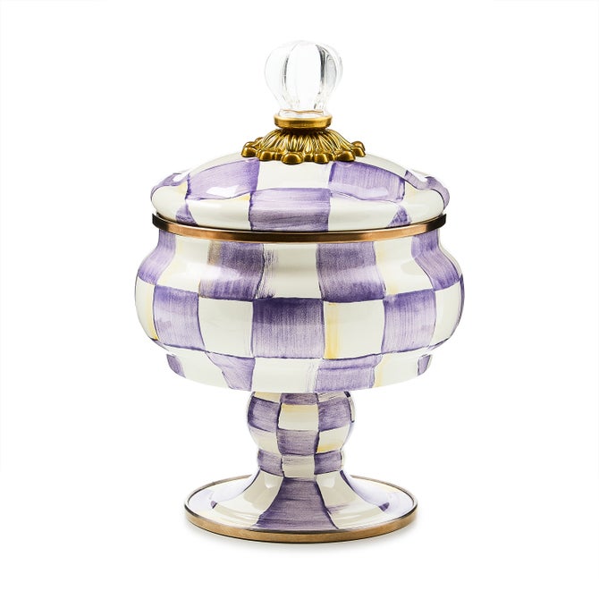 Violet checkered ceramic curiosity pot with a tall cylindrical silhouette.