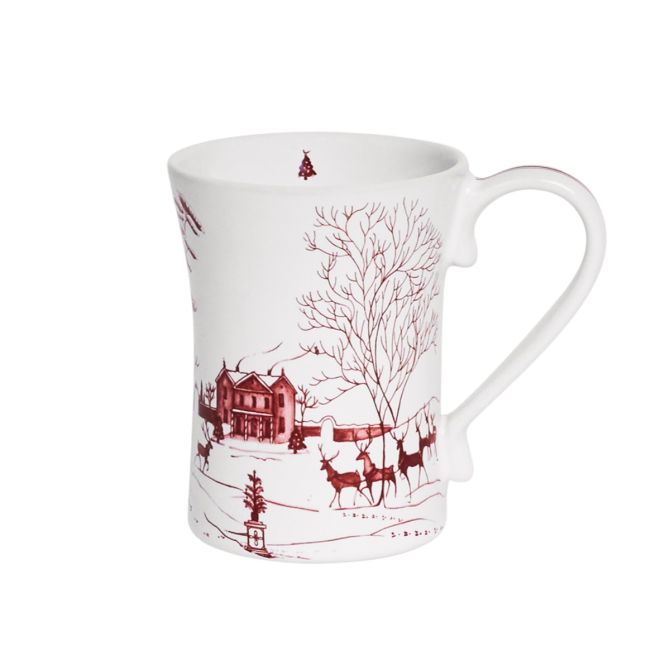 White ceramic mug with ruby red winter scene featuring a country estate, trees, and reindeer.