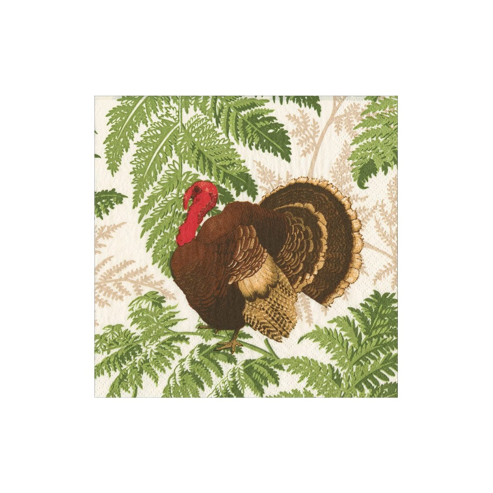 Turkey Among Ferns Cocktail Napkins featuring a brown turkey illustration with green fern leaves.