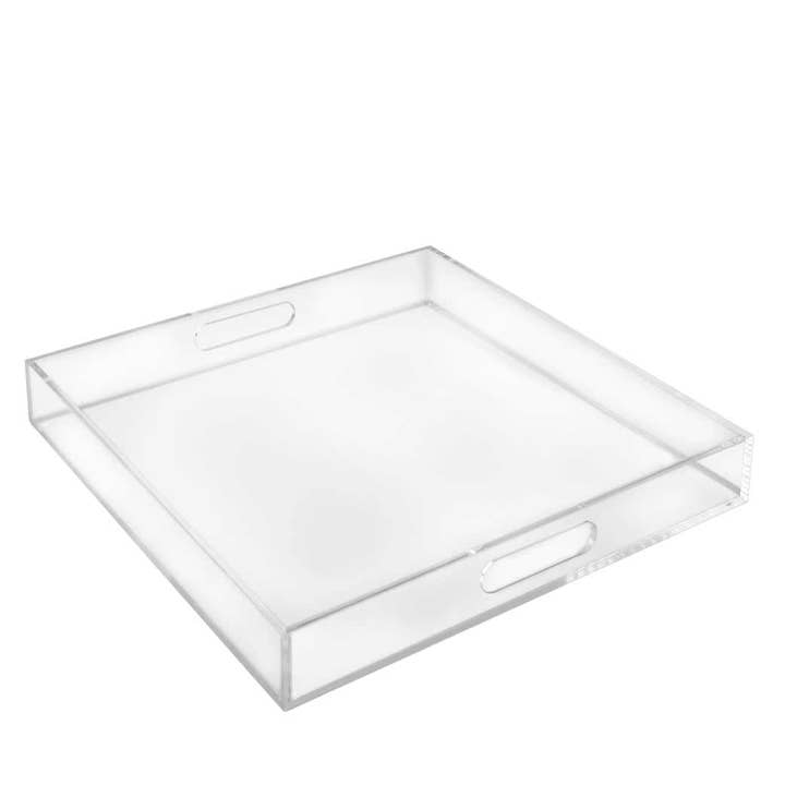 16 inch square clear acrylic serving tray with built-in handles.