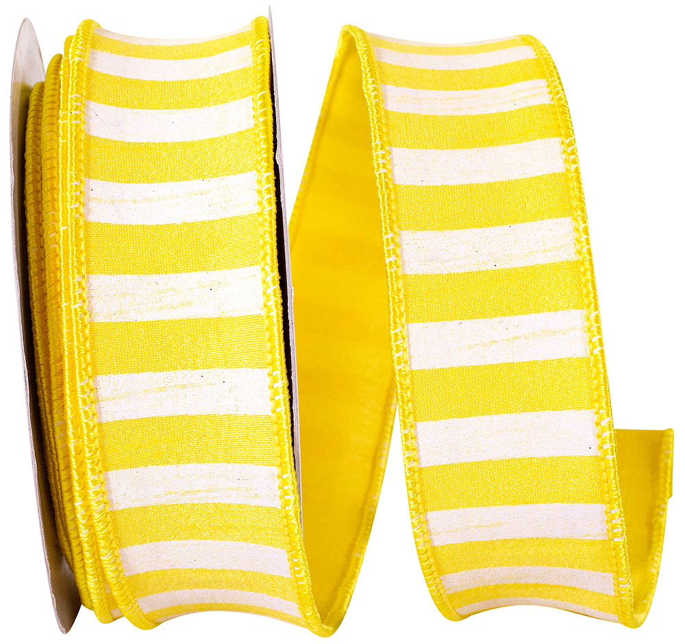 1-1/2 inch yellow and white horizontal cabana stripe dupioni lux wired edge ribbon.