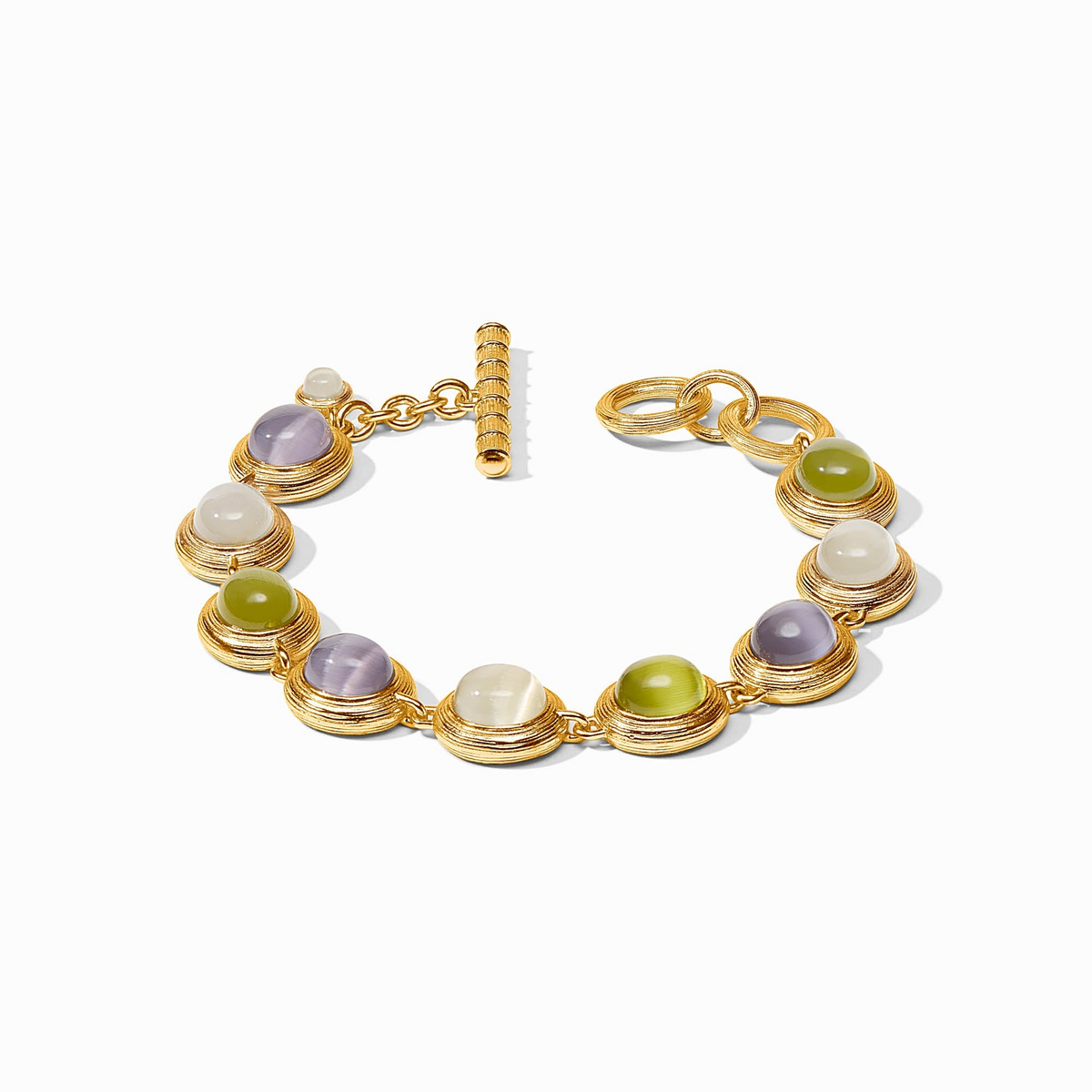 Gold cobblestone tennis bracelet with purple, green, and white glass stones and a toggle closure.