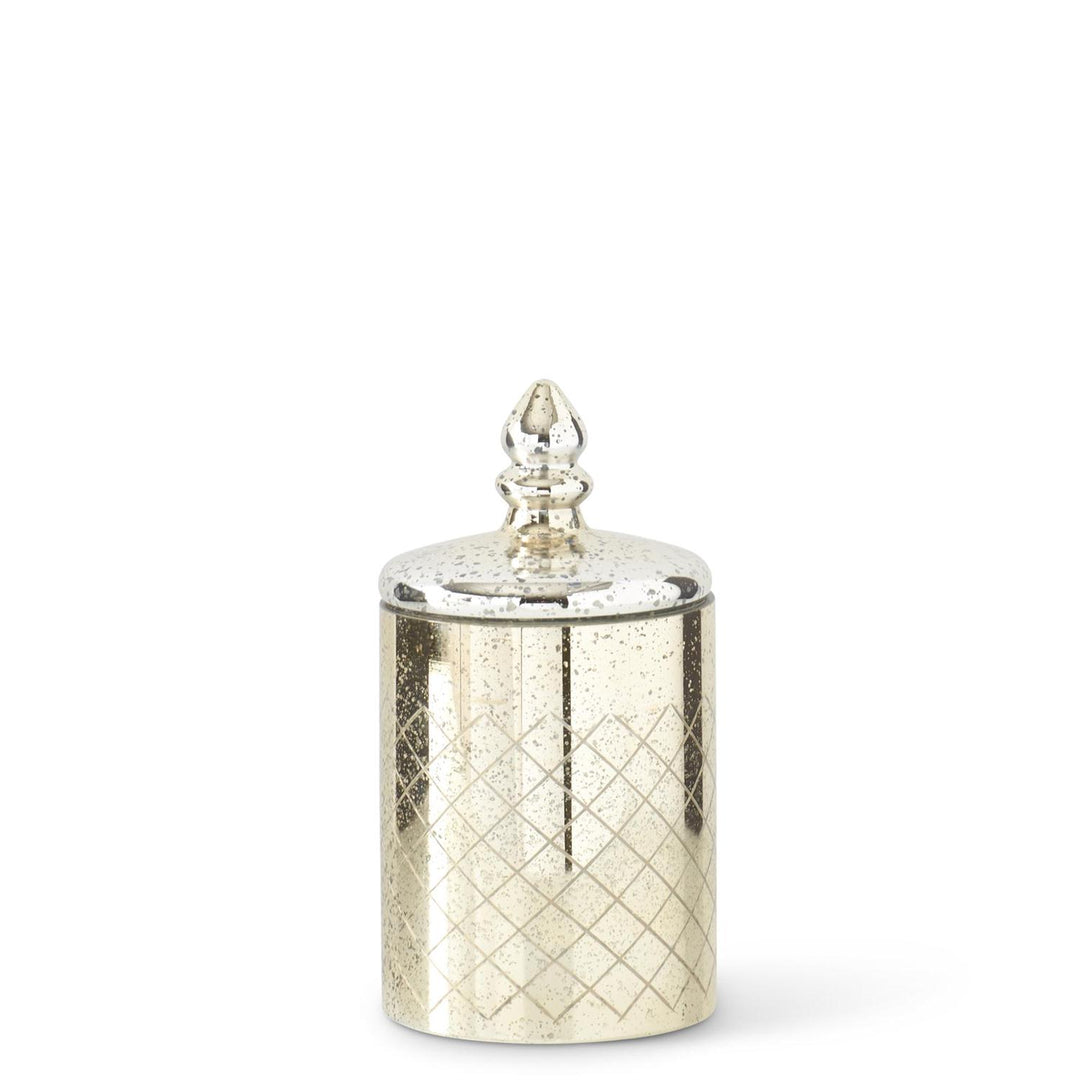 Mercury glass jar with lid featuring a reflective silver finish.