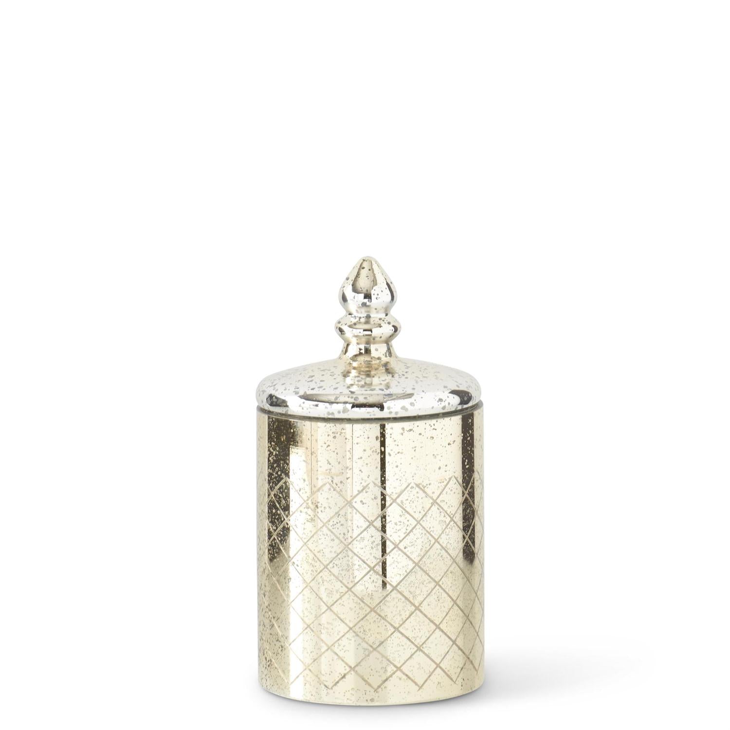 Mercury glass jar with lid featuring a reflective silver finish.