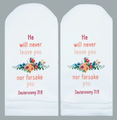 White socks featuring Deuteronomy 31:8 scripture with a colorful floral bouquet illustration.