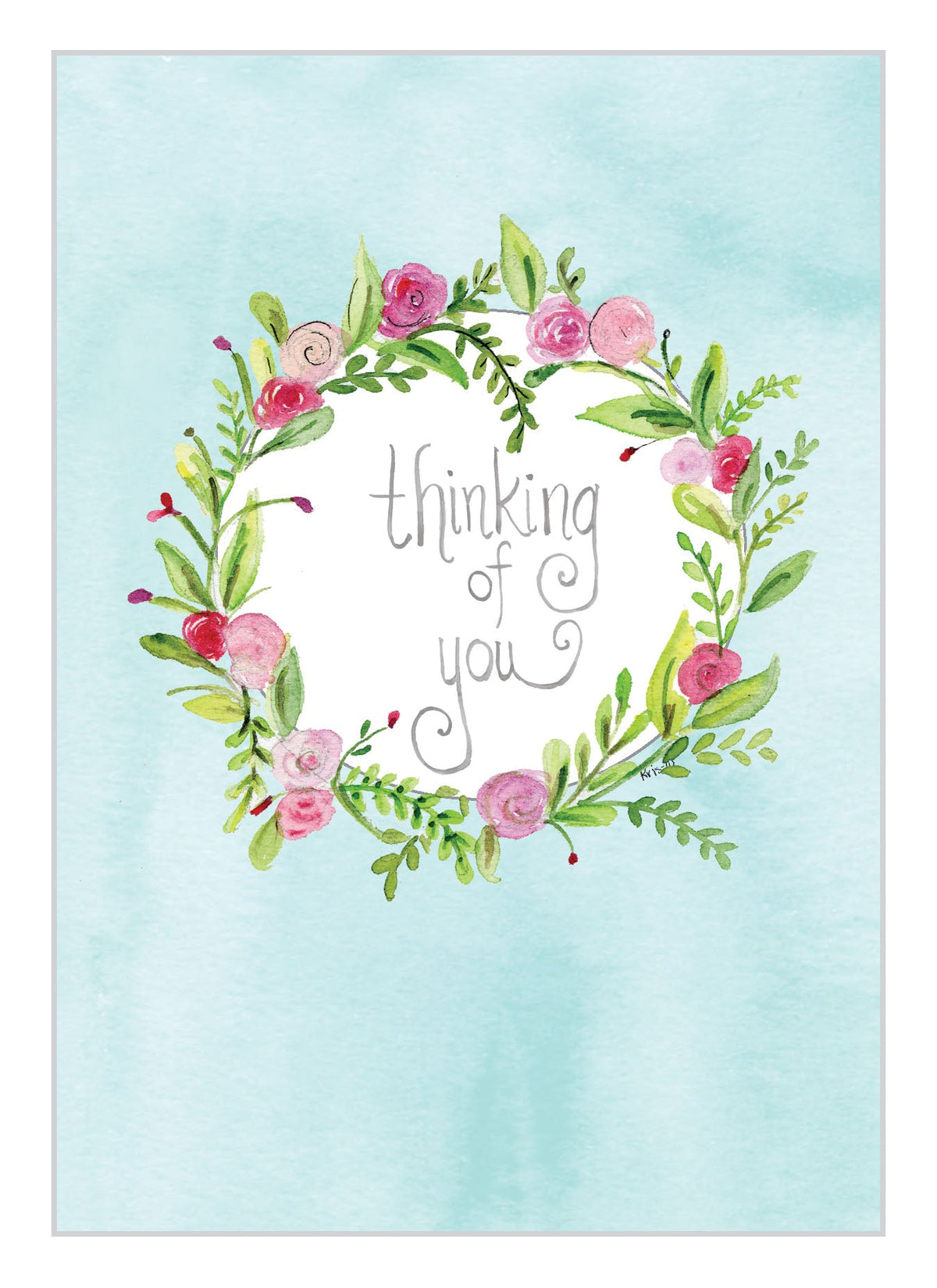 Watercolor sympathy card with a floral wreath and the words "thinking of you" on a blue background.