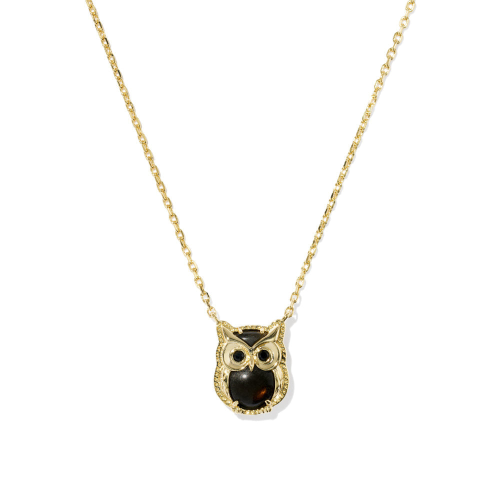 Gold short pendant necklace featuring a gold sheen obsidian owl with intricate metalwork.